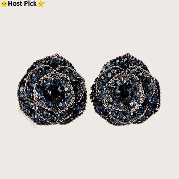 None Jewelry - ⛔️SOLD⛔️ Rhinestone Decor Flower Stud Statement Earrings Blue & Clear Crystals